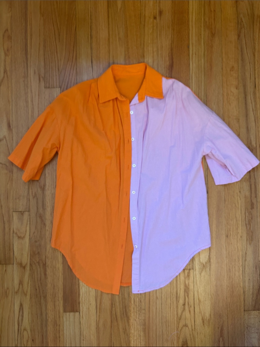 Colorblock Short-Sleeve Button-Up Shirt - Orange & Light Pink